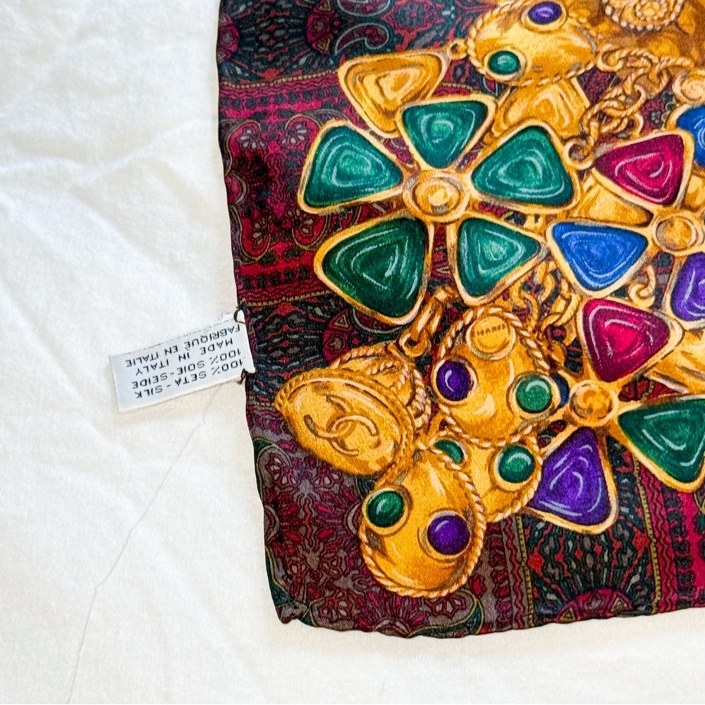Chanel gripoix silk scarf rare paisley jewel chain multicolor authentic vintage - Picture 14 of 14
